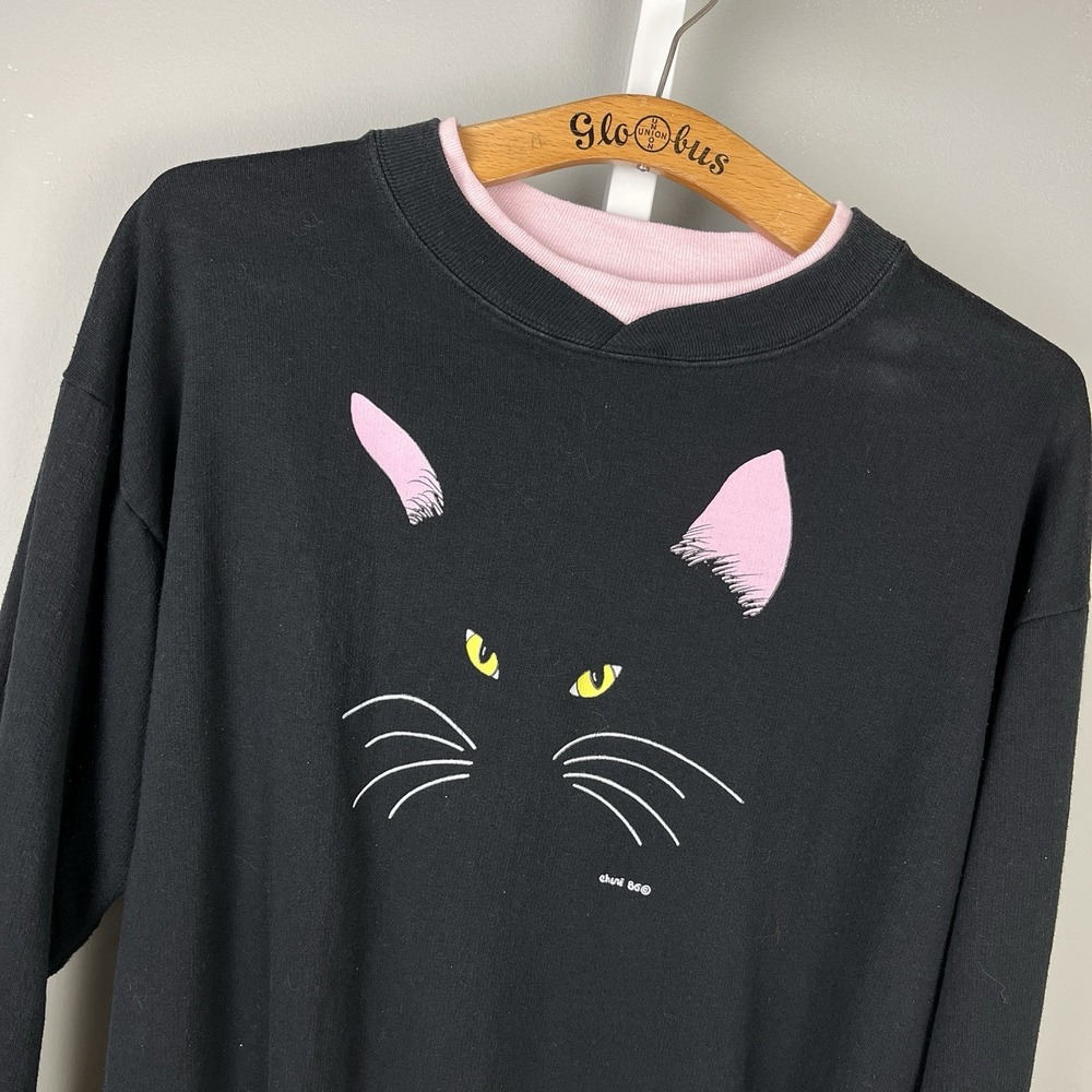 VTG 80s Black Cat Face Crewneck Sweatshirt Womens‎ L Bay Bridge Label Pullover